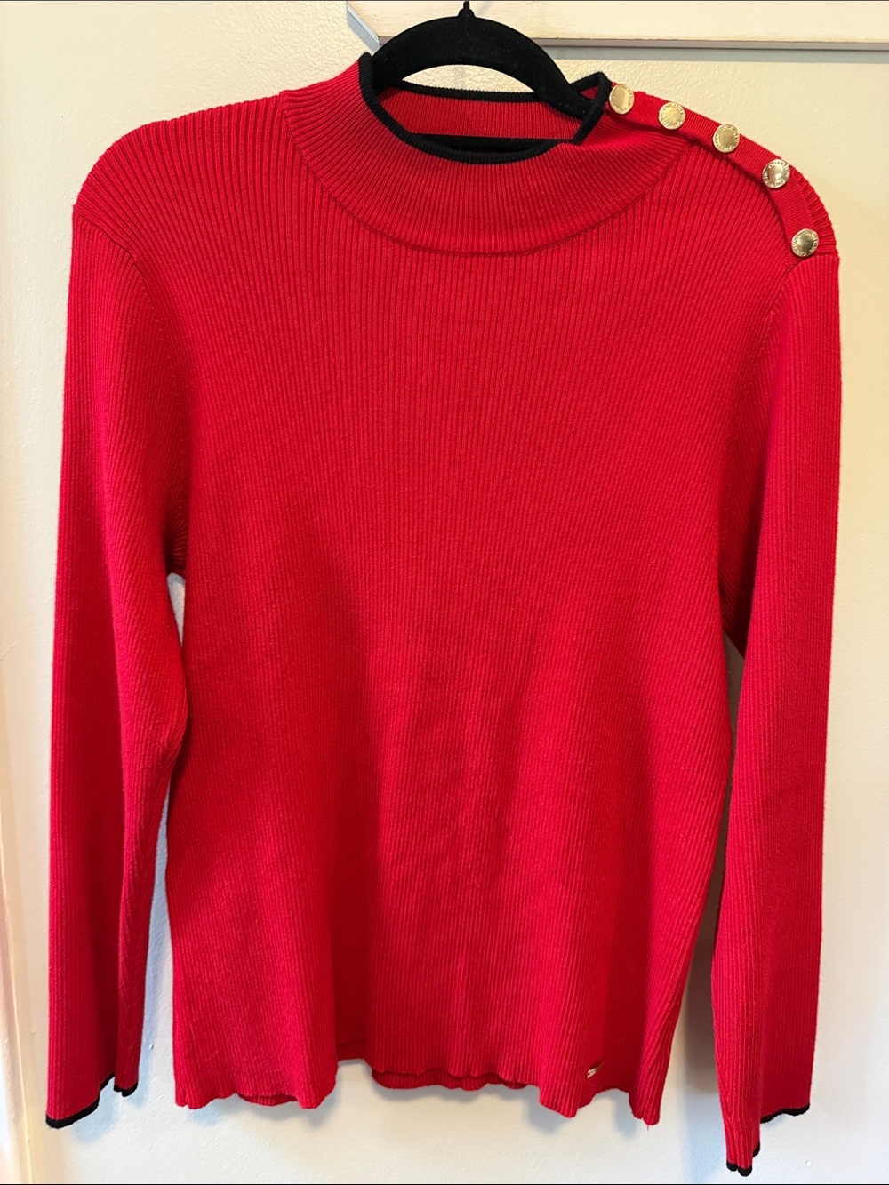 Calvin Klein Red Ribbed Mock Neck Sweater with Gold Shoulder Buttons